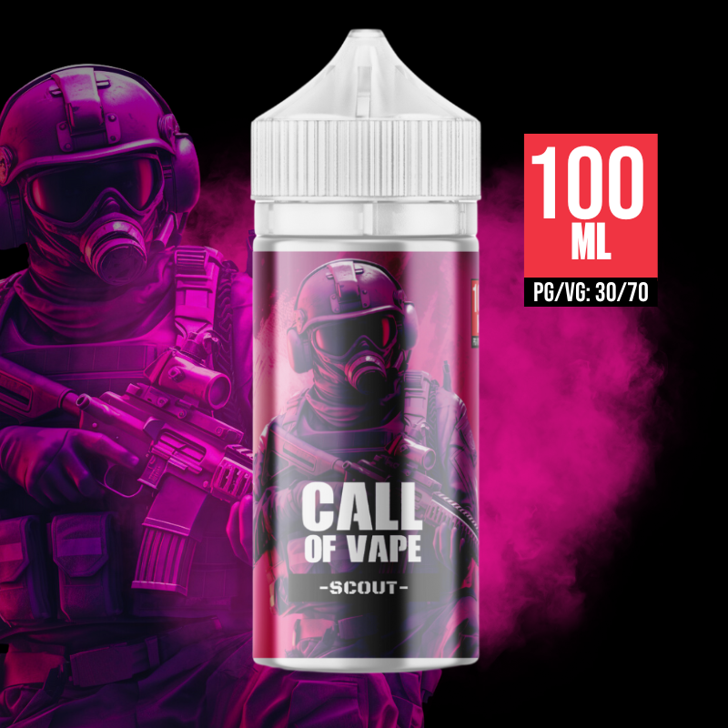 e-liquide_scout_100ml_call_of_vape_soldat_armure_prêt_action_ratio_PG_VG_30_70_experience_riche_enveloppante_fumée_violette_intensité_aventure